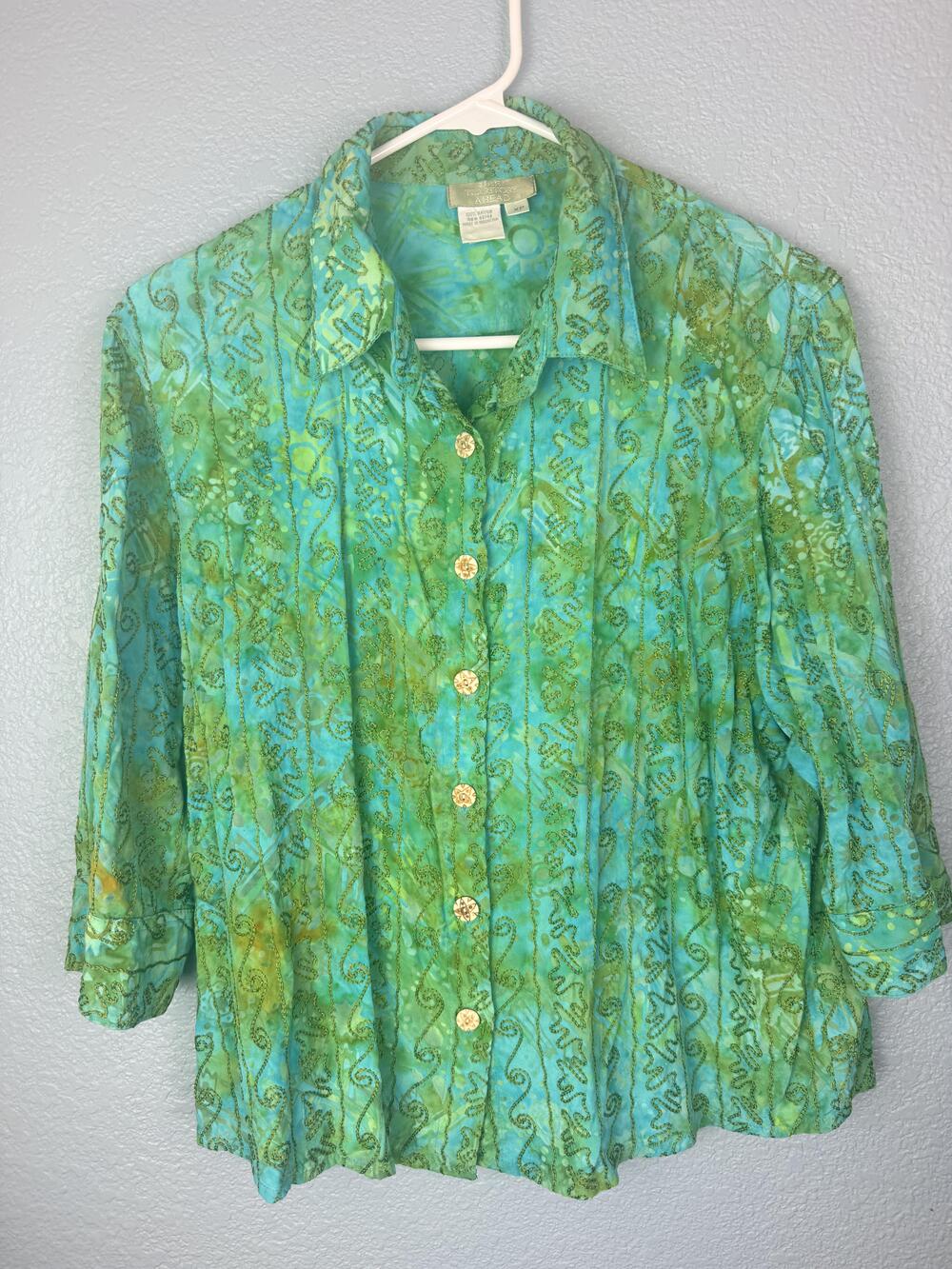The Territory Ahead Blouse Womens XP Green Embroidered Button 3/4 Sleeve Shirt